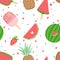 Summer seamless pattern with ice cream, fruits, etc.