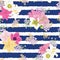 Summer seamless pattern lilies and anemone flowers on blue stripes