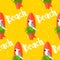 Summer seamless pattern with parrot, surfboard, palm leaves and text on yellow background. Flat design.