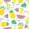 Summer seamless pattern with pineapple, watermelon slice, lemon, cocktail and monstera leaves.