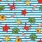 Summer seamless pattern Seashell on horizontal watercolor blue stripes. design holiday kids clothes, greeting card and invitation