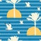 Summer seamless pattern with sun, palms and gulls