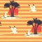 Summer seamless pattern with sun palms and surfers