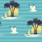 Summer seamless pattern with sun palms and surfers