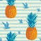 Summer seamless pattern with sun palms and surfers