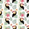 Summer seamless pattern with toucans and hibiscus, tropical design