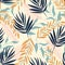 Summer seamless pattern with tropical leaves on a delicate background. Vector design. Jungle print. Printing and textiles.