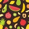 Summer seamless pattern with tropical organic ripe fruits on black background. Backdrop with healthy vegan food or