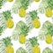 Summer seamless pattern with tropical pineapple fruits and palm leaf. Watercolor tropical hawaiian print