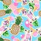 Summer seamless pattern with unicorn and pineapple. Zine Culture style summer cut out background