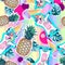 Summer seamless pattern with unicorn and pineapple. Zine Culture style summer cut out background