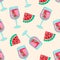 Summer seamless pattern with watermelon cocktail drink and slices.