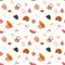 Summer seamless pattern with watermelon, papaya, kiwi, figs, monstera leaves and abstract geometric shapes. Tropical