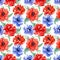 Summer seamless patterns. Red Poppies, blue anemones, watercolor hand drawing, colorful flowers