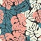 Summer seamless tropical pattern with colorful monstera palm leaves