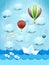 Summer seascape with hot air balloons and paper boat