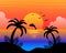 Summer seascape, palm trees, sea, dolphin against the backdrop of sunset. Colorful illustration