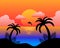 Summer seascape, palm trees, sea, dolphin against the backdrop of sunset. Colorful illustration vector