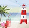 Summer seaside with Lighthouse Vector. Red tower symbol cocktails and palm trees
