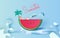 Summer season concept Slice of watermelon on blue water splash.Hello Summer.Women are sunbathing. Dolphins are jumping from the