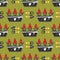 Summer season seamless pattern of cute flowers in pot and tree planting equipment