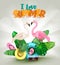 Summer season vector design. I love summer typography text with flamingo, banana and monstera leaves tropical elements for fun.