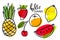 Summer seasonal fruit set. Watermelon, pineapple, strawberry, lemon, orange fruit, cherry sketch isolated. Bright fruits. Organic