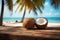 Summer serenity Tropical beach setting with wooden table and coconut