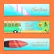 Summer set of banners vector illustration. Surfing on water waves. Surf camp. Enjoy your summer. Beach with palms and