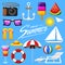 Summer set - camera and anchor, ice cream and watermelon, sunglasses and milkshake, life ring and deckchair, yacht sail