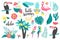 Summer set of design elements tropical leaves, flowers, fruits, flamingos, toucan, parrot.