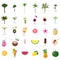 Summer set elements ice cream, drinks, palms, fruits, flowers. Collection icons for cards, poster, sticker. Vector