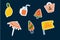 Summer set of stickers. Illustrations of Fruit, a beach umbrella, a can of drink for a beach mood. Vector images in the