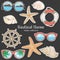 Summer set on the theme of the sea. Sunglasses, starfish and seashells, lifeline and steering wheel.