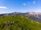 Summer Sheregesh Kemerovo region, Russia, panorama of Mount Zelenaya and Mustag. Aerial top view