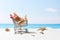 Summer shopping. Business and selling on beach. Cart on white sand