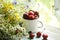 Summer simple still life. Sweet cherry in an iron mug and a bouquet of field tender flowers on the old window overlooking the gard