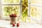 Summer simple still life. Sweet cherry in an iron mug on the old window overlooking the garden. Vintage style. summer on the farm.