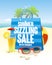 Summer sizzling sale with blue shopping bag on a beach backdrop