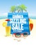 Summer sizzling sale with blue shopping bag on a beach backdrop with palms