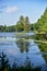 Summer sky and trees reflected in lake water