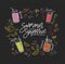 Summer Smoothie handwritten inscription surrounded by refreshing healthy drinks or fresh tasty beverages and outlines of