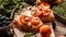 Summer snack sandwiches with grilled peaches, dor blue cheese, wooden background, ciabatta with peaches fruit, top view