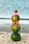 Summer snowman from watermelons in a red bow-tie and Santa`s hat.