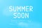 Summer soon handwritten thin slim font white color on blue sky background. Big alphabet set, uppercase and lowercase letters,