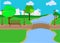 Summer, spring day vector illustration. Lake or river with lush green trees and bushes. Green hills, meadows, cityscape with skysc