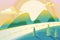 Summer or spring landscape, vector illustration. Road in green valley, mountains, hills, trees, clouds and sun on sky.