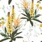 Summer spring seamless pattern with yellow lupines paradise flowers and herbs.