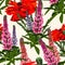 Summer spring wild lupines pink, violet and yellow flowers with green leaves, red poppy.