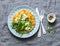 Summer squash frittata with goat cheese and arugula - delicious healthy diet food, breakfast, snack on a gray background